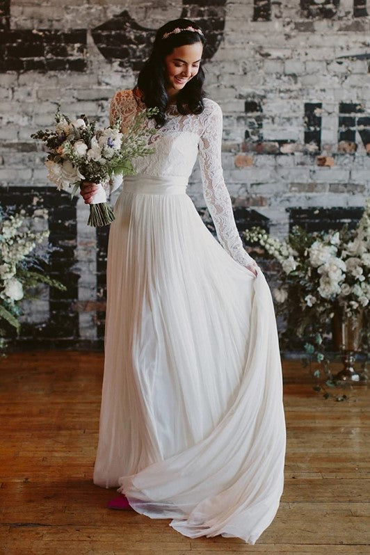 Long Sleeve Lace Wedding Dress, Boho Chiffon and Lace Wedding Dress, Flowy  Wedding Dress 