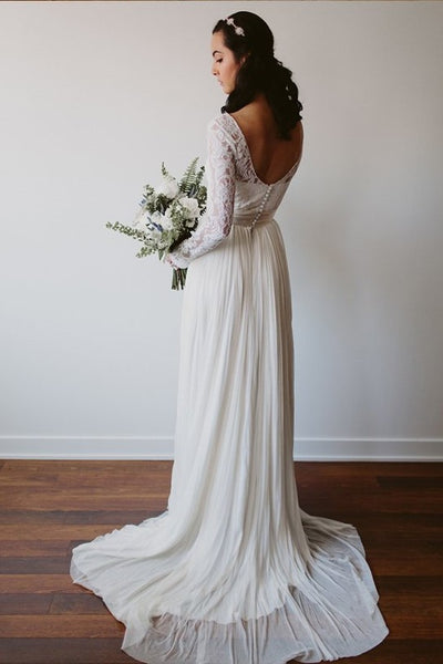 Lace Long Sleeves Boho Wedding Dresses Chiffon Skirt