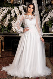 lace-neckline-tulle-bridal-dress-with-sheer-sleeves