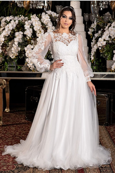 lace-neckline-tulle-bridal-dress-with-sheer-sleeves