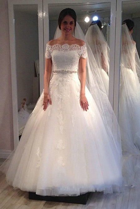 Sheer Short Sleeves Lace Vintage Wedding Gowns Dress with High Neck