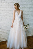 lace-pearls-sleeveless-floral-wedding-dresses-with-v-neckline
