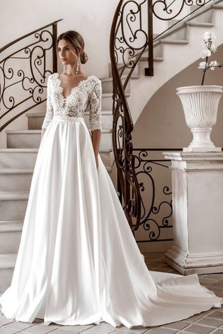 Lace Satin Bride Wedding Gown with Half Sleeves loveangeldress Lace Satin Bride Wedding Gown with Half Sleeves loveangeldress