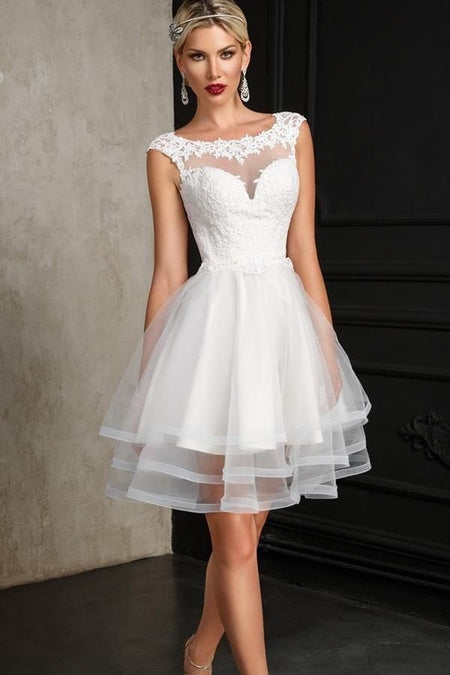 Lace Neckline Short White Wedding Gown with Hollow Back