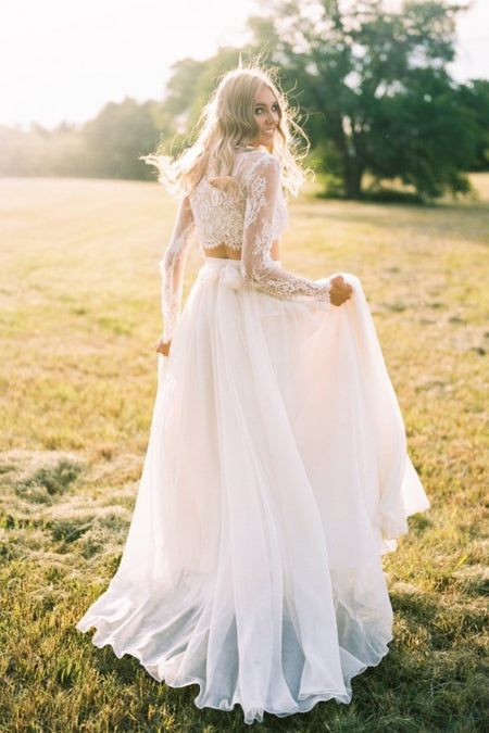 Lace Long Sleeves Boho Wedding Dresses with Open Back