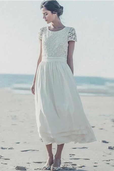 A-line Tea-Length White Wedding Gown with Straps Back