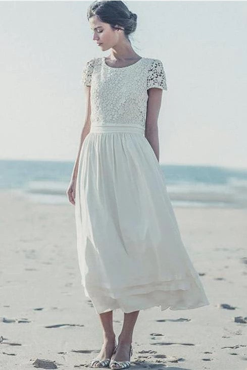 lace-short-sleeves-tea-length-bridal-dress-for-beach-weddings