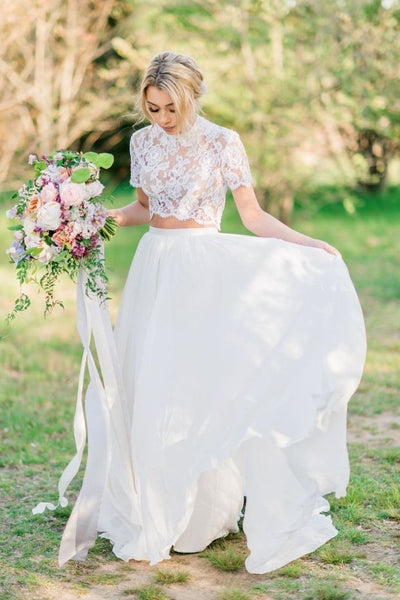 lace-short-sleeves-two-piece-wedding-dresses-with-chiffon-skirt