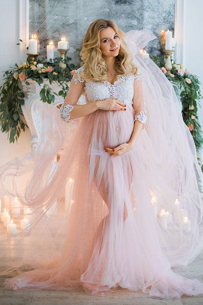 lace-sleeves-maternity-prom-dresses-with-tulle-skirt-1