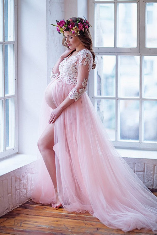lace-sleeves-maternity-prom-dresses-with-tulle-skirt