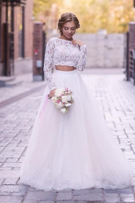 See-through Neckline Lace Tulle Bride Boho Wedding Dresses 2018