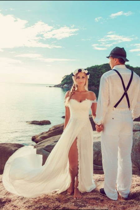 Ivory Beach Wedding Dress Lace Chiffon Skirt vestido de novia de playa