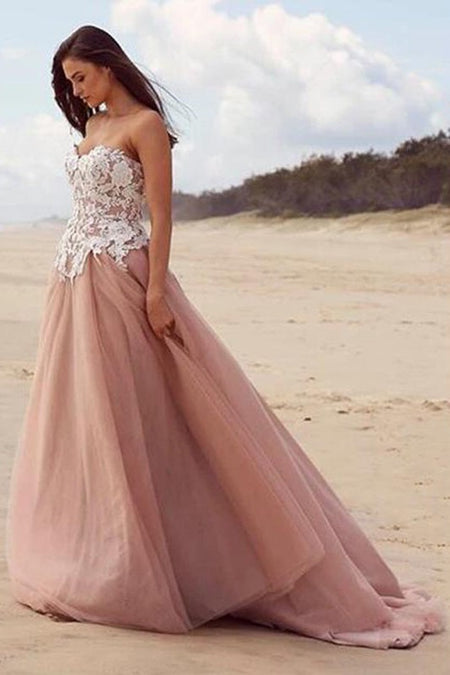 A-line Tulle Bridal Gowns with Deep V-neckline
