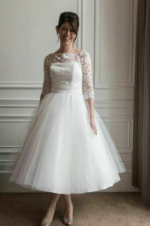 lace-tulle-tea-length-wedding-dresses-with-sleeves