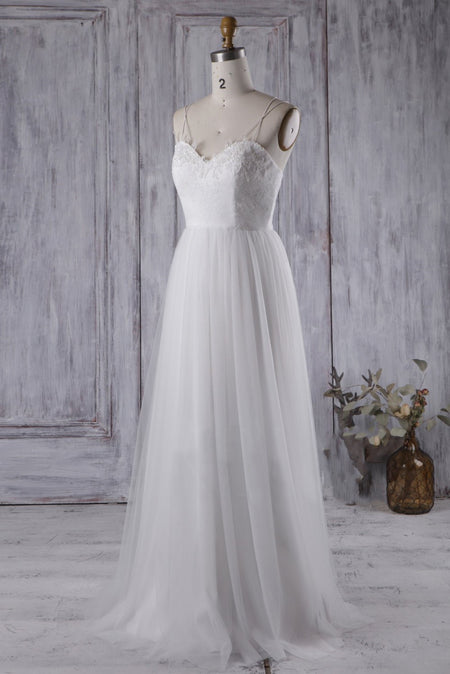 Shoestring Straps Ivory Lace Wedding Gown with Textured Tulle Skirt