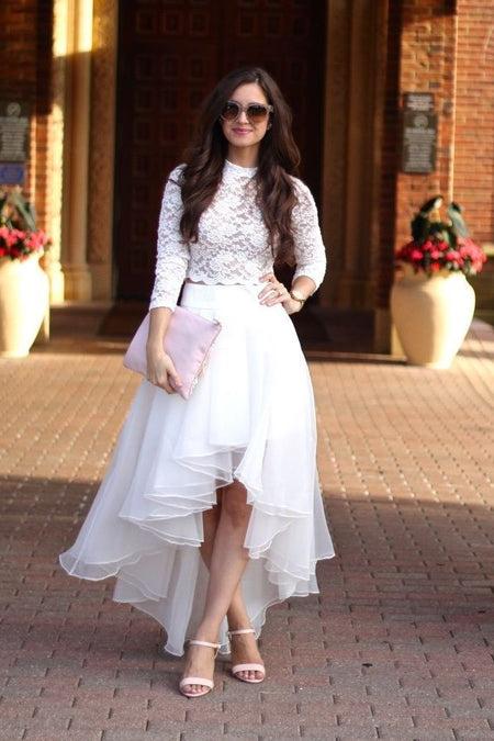 Lace V-neckline White Wedding Dresses Ankle Length