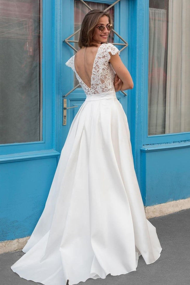 lace-v-neck-cap-sleeves-wedding-dress-satin-skirt-1