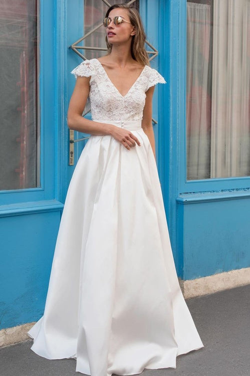 lace-v-neck-cap-sleeves-wedding-dress-satin-skirt