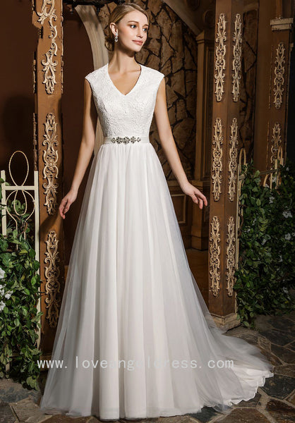 lace-v-neckline-modest-a-line-wedding-dress-with-stones-belt