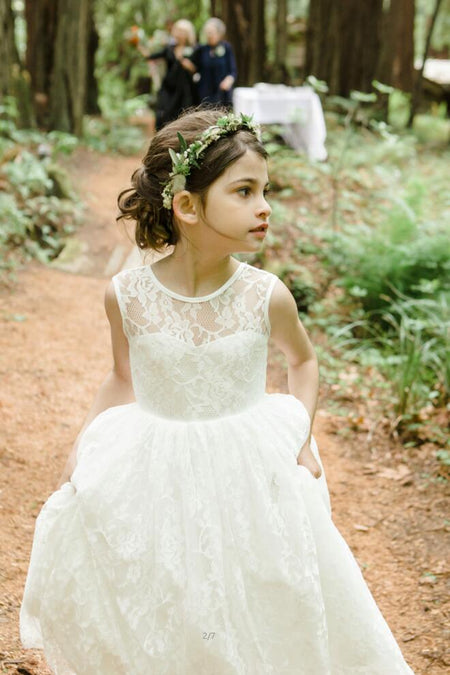 Scoop Neck Ivory Champagne Flower Girl Dress with Tulle Skirt