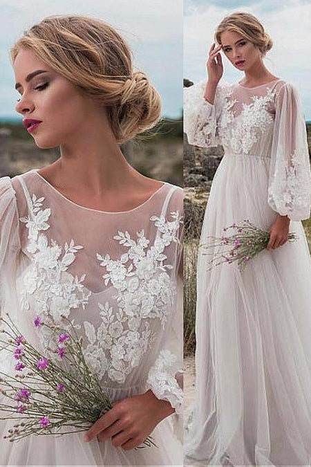 2 Piece Boho Wedding Dress with Lace Sleeves Chiffon Skirt