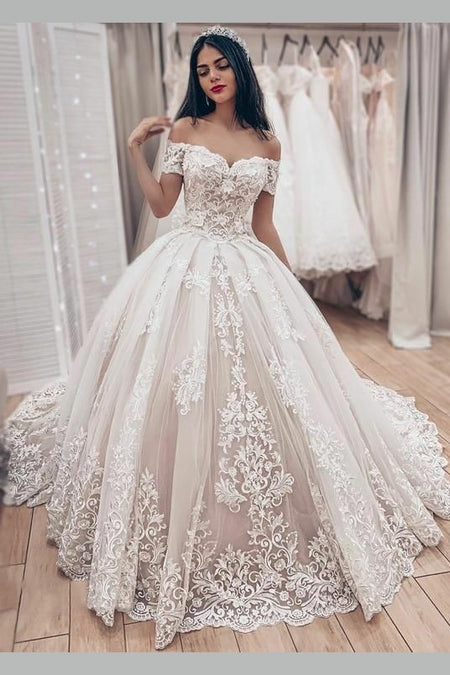 Sheer Beaded Tulle Wedding Gown with Off-the-shoulder Sleeves