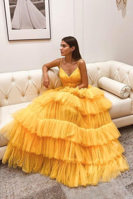 Long Chiffon Yellow Prom Dresses with Irregular Skirt