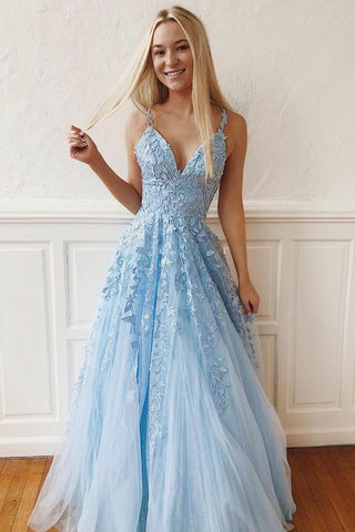 light blue prom dress with flowers A-Line Sweetheart Sky Blue 3D Floral Applique Long Prom Dress PG988 US0 / Custom Color