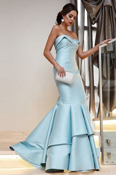 Light-blue Mermaid Style Evening Dresses with Fold Strapless
