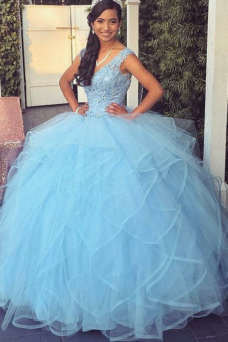 Sky-blue Layers Quinceanera Dresses with Crystals Sweetheart Corset