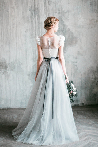 light grey wedding dress Light Gray Wedding Dress with Chiffon Flowers Sleeves – loveangeldress