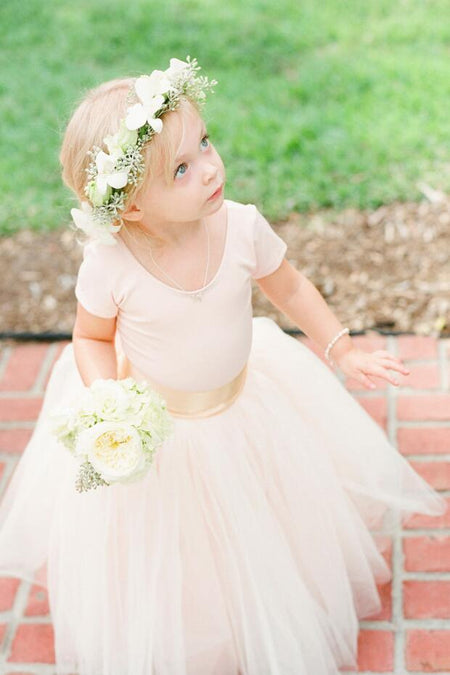 Scoop Neck Ivory Champagne Flower Girl Dress with Tulle Skirt