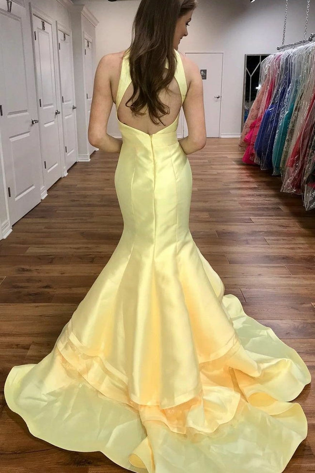 light-yellow-satin-mermaid-evening-gowns-with-tiered-skirt-1