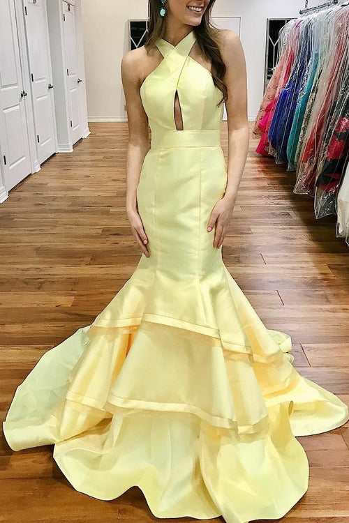 light-yellow-satin-mermaid-evening-gowns-with-tiered-skirt
