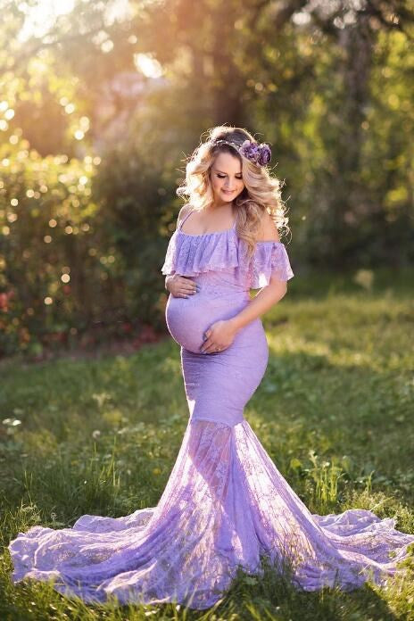 lilac-lace-pregnant-woman-prom-dresses-with-spaghetti-straps