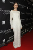 lily-collins-lace-celebrity-dresses-with-long-sleeves