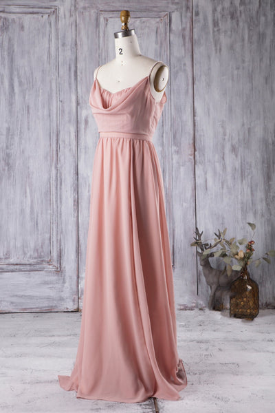 long-chiffon-coral-bridesmaid-dresses-with-draped-neckline