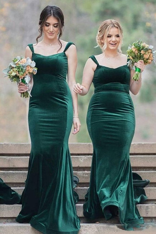 long-dark-green-velvet-bridesmaid-dresses-with-double-straps