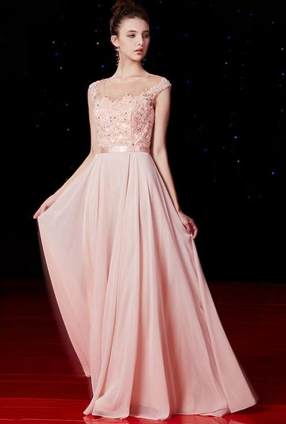 long-pink-chiffon-evening-gowns-beaded-lace-bodice