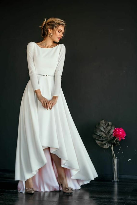 Bateau Neck Satin Wedding Gowns with 3/4 Sleeves