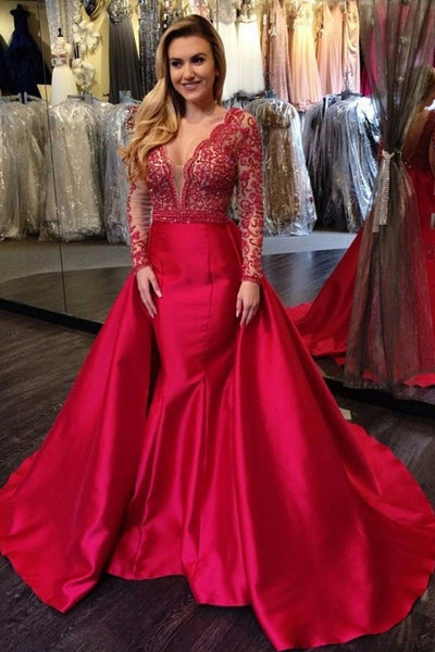 long-sleeves-plunging-v-neckline-beaded-evening-dresses-with-satin-skirt