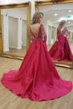 long-sleeves-plunging-v-neckline-beaded-evening-dresses-with-satin-skirt