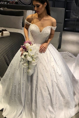 Long Train Pearls Wedding Gowns Satin Off-the-shoulder – loveangeldress Long Train Pearls Wedding Gowns Satin Off-the-shoulder – loveangeldress
