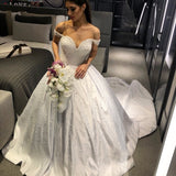long-train-pearls-wedding-gowns-satin-off-the-shoulder