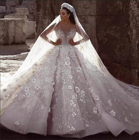 Illusion Long Sleeves Pearls Wedding Dress Ball Gown 2020
