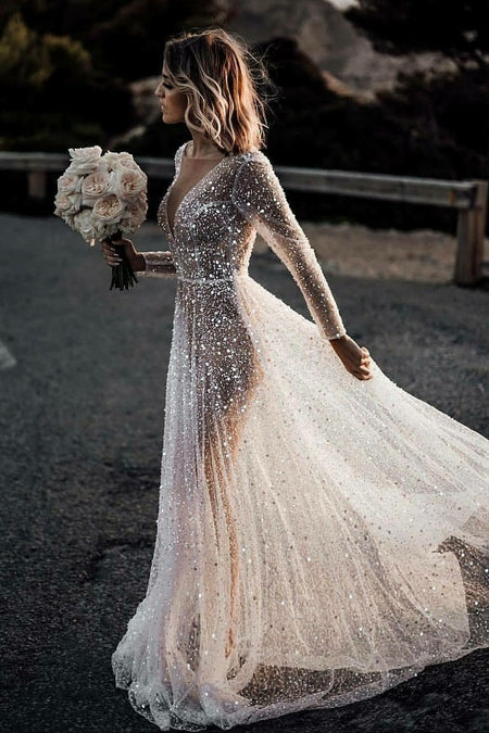 Long Sleeves Tulle Wedding Gown with Sheer Scoop Neckline