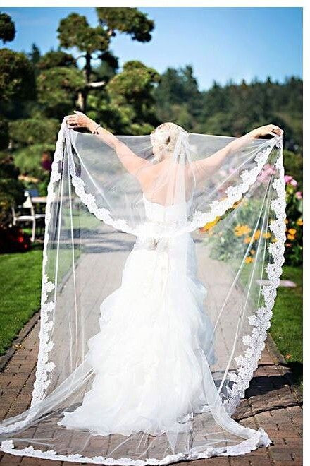 Appliqued Lace Trim Long Wedding Veil with Blusher