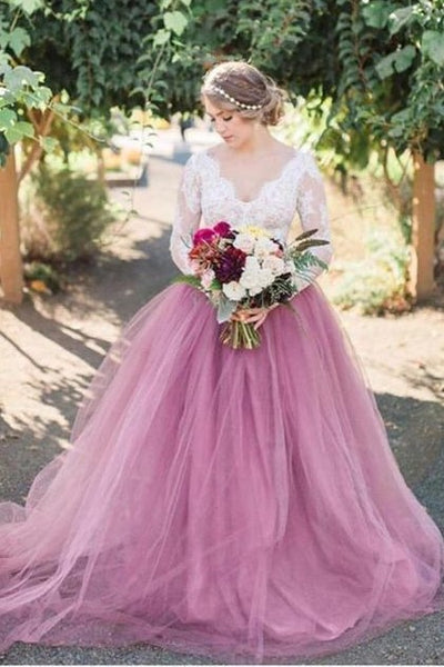 mauve-colored-tulle-wedding-dress-with-long-lace-sleeves-2