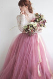 mauve-colored-tulle-wedding-dress-with-long-lace-sleeves