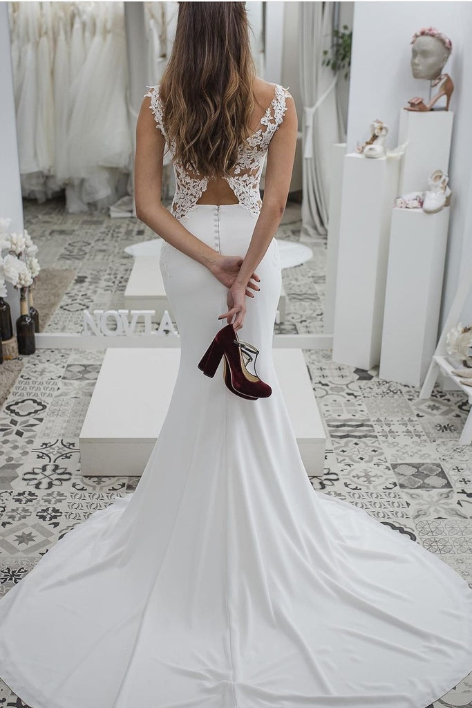 sheer lace back dress Mermaid Cap Sleeve Sheer Back Vintage Lace Wedding Dress TN0074 US16 / As Picture